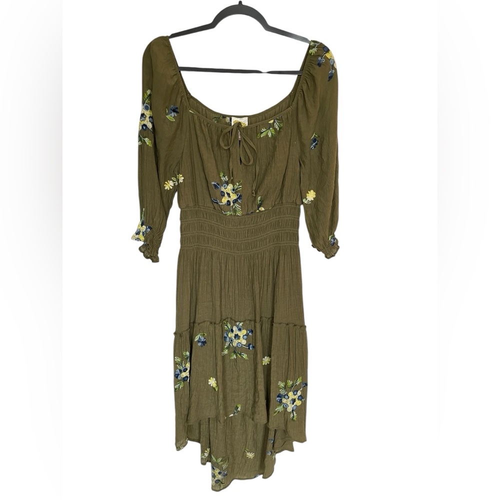 Anthropologie Fig & Flower Olive Green Embroidered Hi-Low Lined Boho Dress L